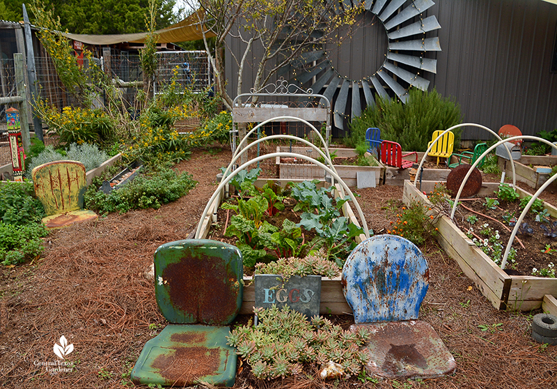 Raised vegetable beds, vintage chairs recycled finds Julie Nelson Kay Angermann