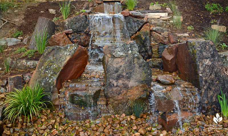 new installation waterfall rocks Texas Ponds and Water Features Cosmic Coffee 