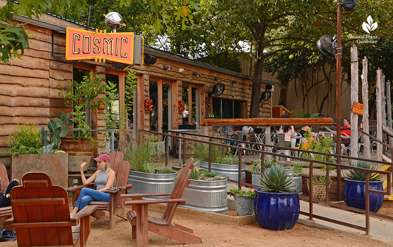 Cosmic Coffee + Beer Garden sign and patio