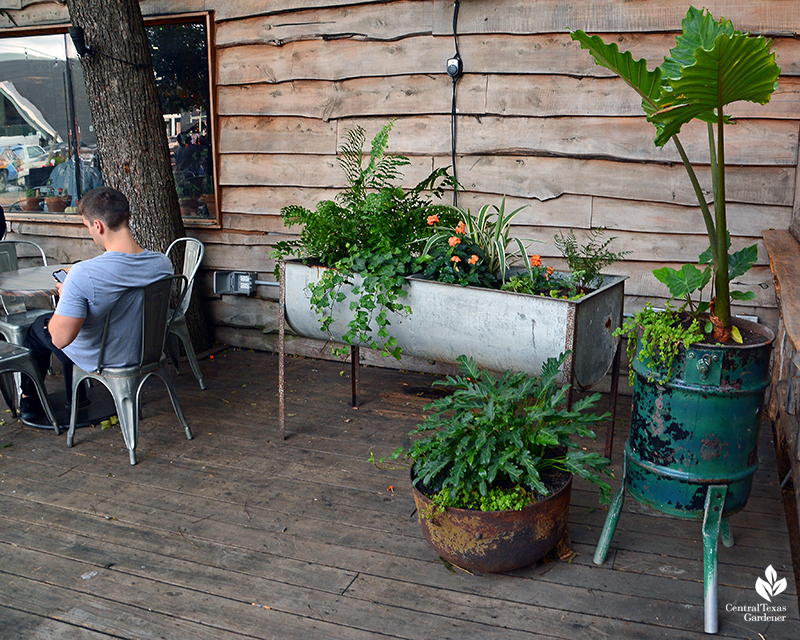 recycled salvages turned into planters Cosmic Coffee + Beer Garden