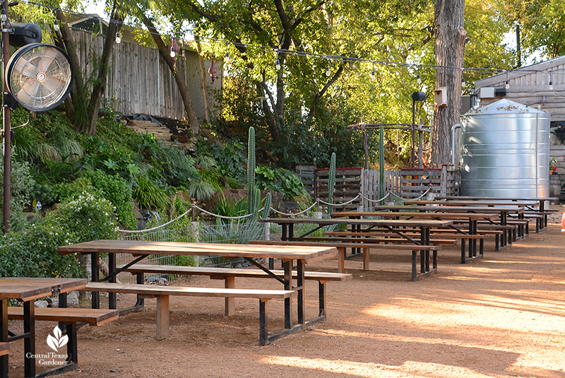 Patio waterfall rainwater cistern Cosmic Coffee + Beer Garden