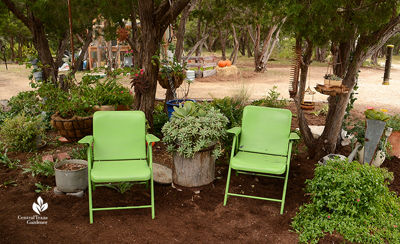 vintage metal patio chairs shade nook under cedar trees garden art Julie Nelson Kay Angermann