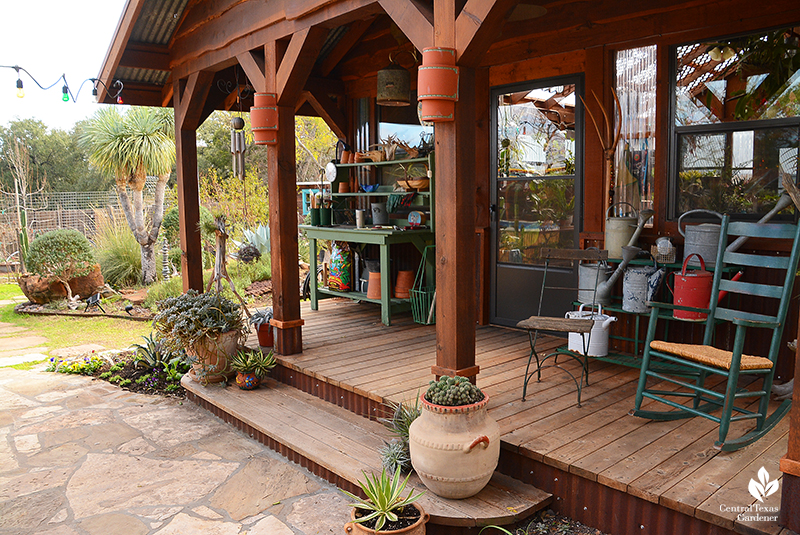 Greenhouse cottage style porch Jane and John Dromgoole Central Texas Gardener