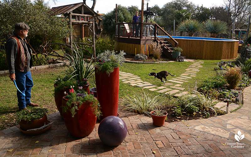 John Dromgoole and dog Lobo play fetch on partial lawn Central Texas Gardener