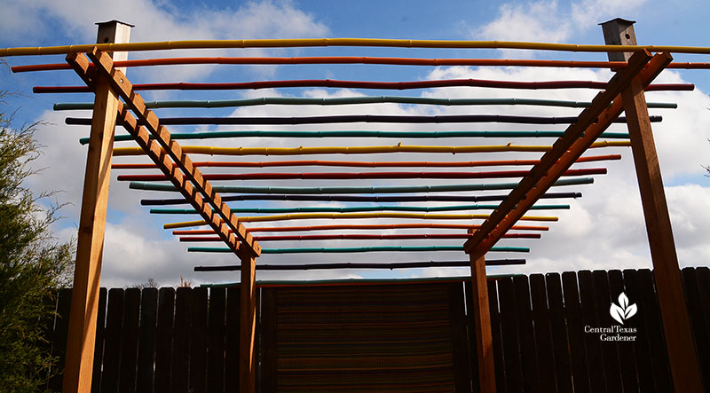 bamboo pergola acrylic based paint bright colors John and Jane Dromgoole garden Central Texas Gardener