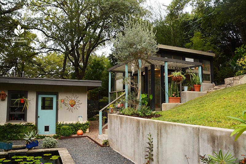 Charming small tool shed and greenhouse, pond harsh slope design Harper Duhon Central Texas Gardener