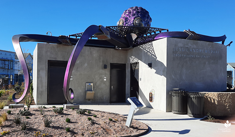 Ocho octopus Dixie Friend Gay sculpture atop restroom Jessie Andrews Park Mueller Central Texas Gardener