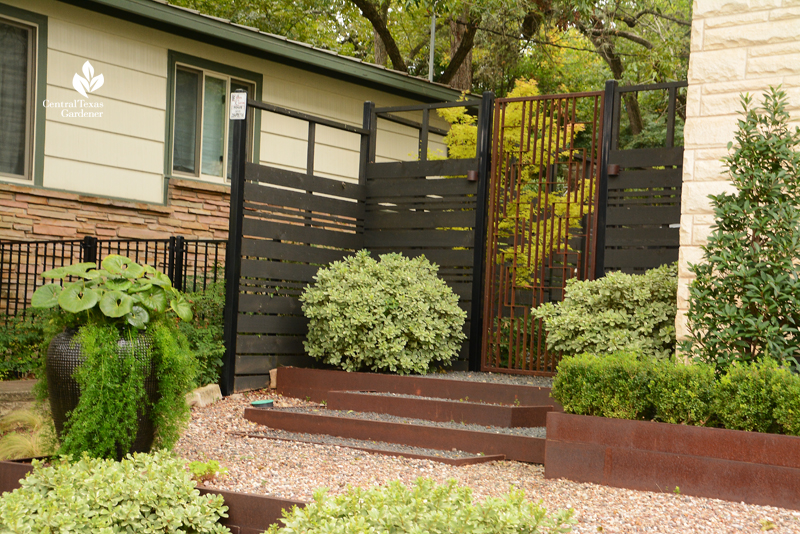 Open weave privacy fence artistic metal gate Harper Dujon Central Texas Gardener