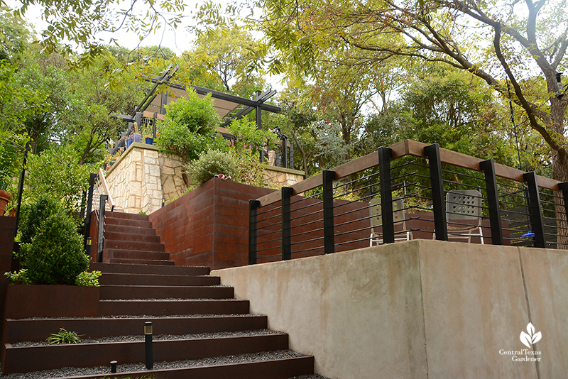 concrete steel limestone tiers sloped backyard living areas Harper Duhon garden Central Texas Gardener