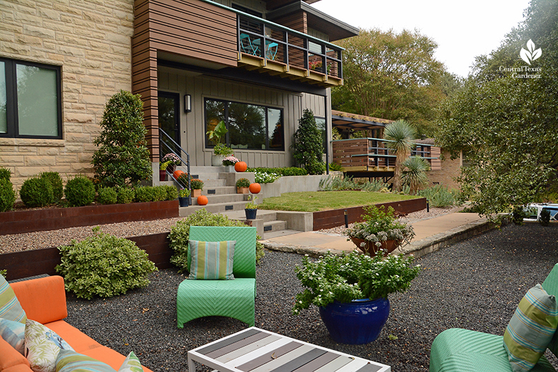 contemporary makeover 1950s house with front yard outdoor entertainement area Central Texas Gardener