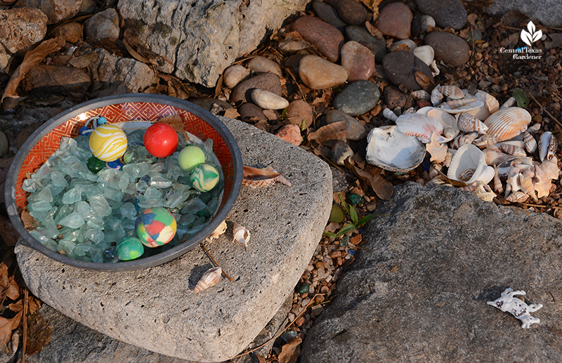 marbles cut glass seashells trinket garden curbside swap Jill Nokes Central Texas Gardener