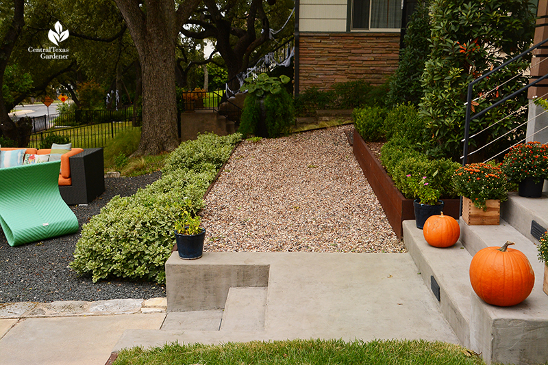 pea gravel path steel plate retaining wall rainwater infiltration Harper Dujon Central Texas Gardener