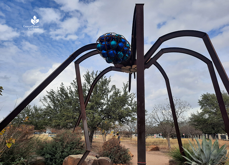 "Arachnophillia" Dixie Friend Gay sculpture Mueller dotted with native plants jogging trail 