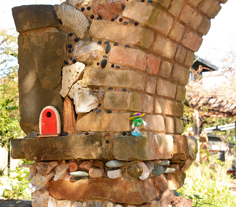 whimsical trinkets family memories folk art stone arch column Jill Nokes Central Texas Gardener