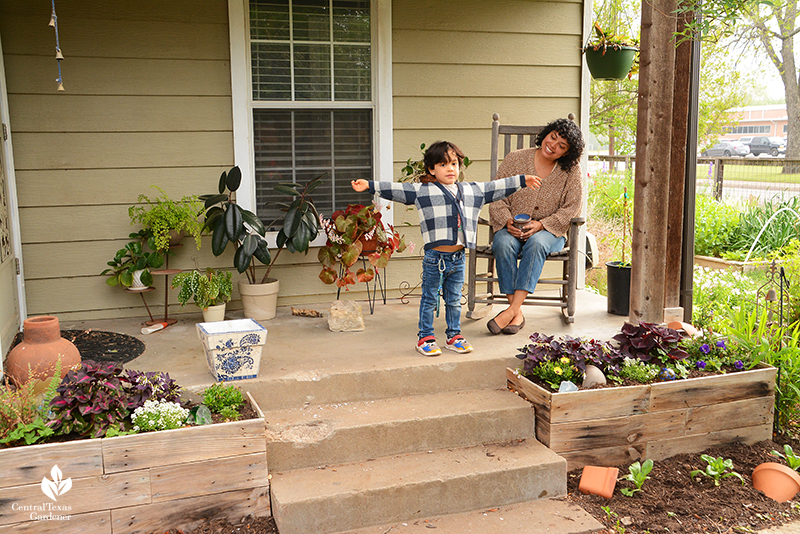 mom and little boy on front porch