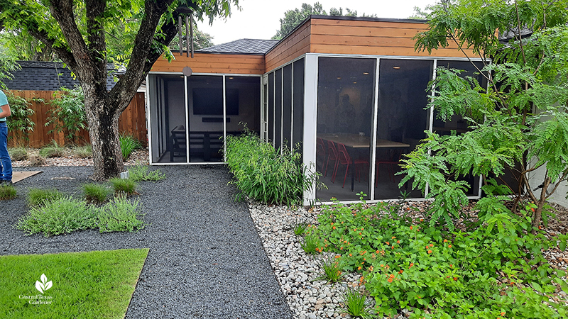 Screened in porch Texas basalt path pecan tree Sweetwood arroyo native shrub and lantana Open Envelope Studio design