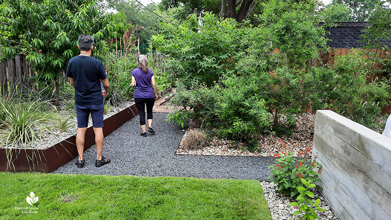 Texas basalt path peach tree native Mexican buckeye board form concrete wall Palisades zoysia Open Envelope Studio design