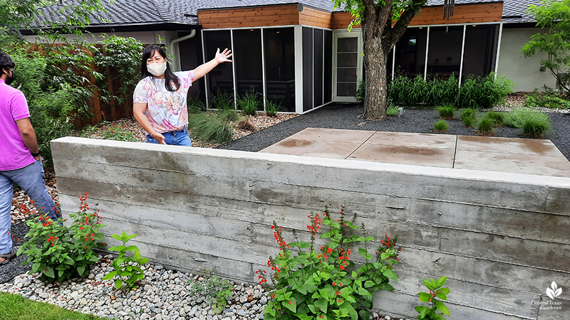 board form concrete wall bench native Salvia coccinea Open Envelope Studio design tour with host and guest Central Texas Gardener