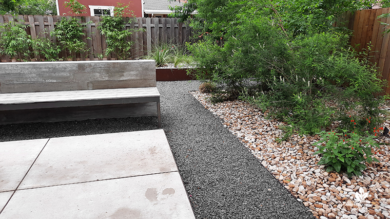 ipe bench Texas basalt path native river rock native plants for pollinators Open Envelope Studio tour Central Texas Gardener