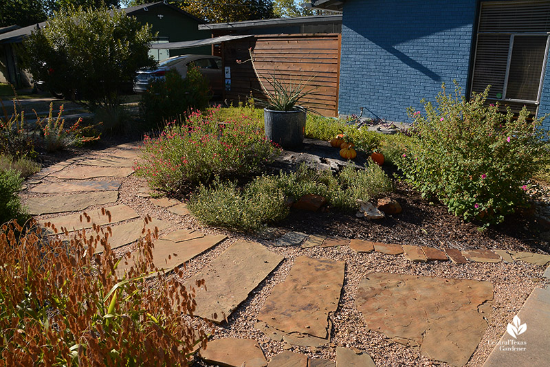 front yard stone path island bed native plants 