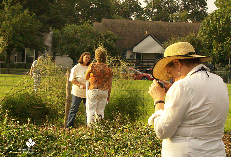 Mary Irish taking pictures in a garden