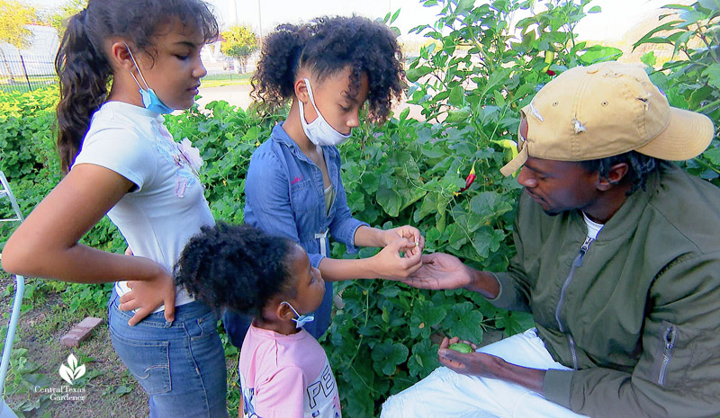 Larry Franklin picking vegetable with girls 