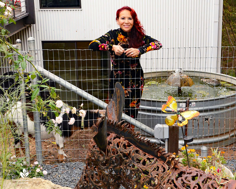 woman goat and stock tank pond