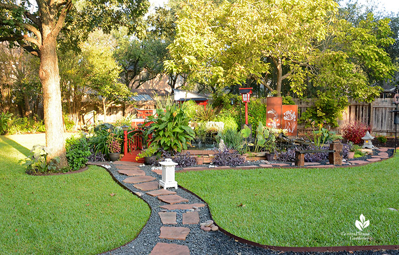 path in lawn to pond garden