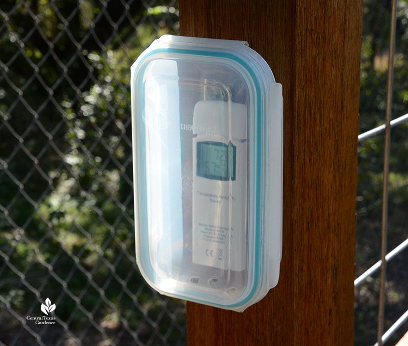 outdoor thermometer in plastic food container