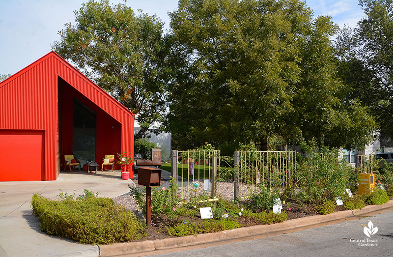 street curb roses red barn