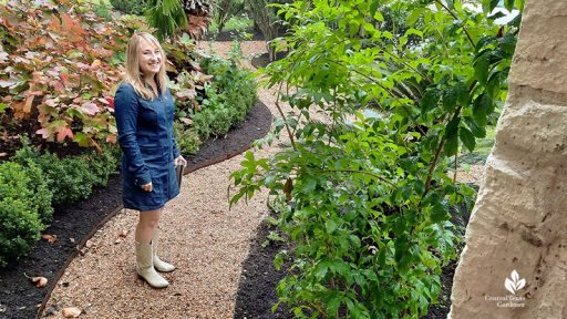 woman on path bordered by plants