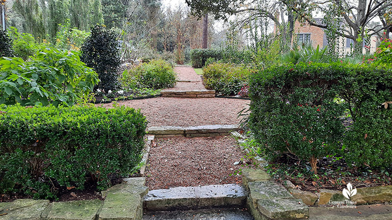 pea gravel path stone steps plants at borders