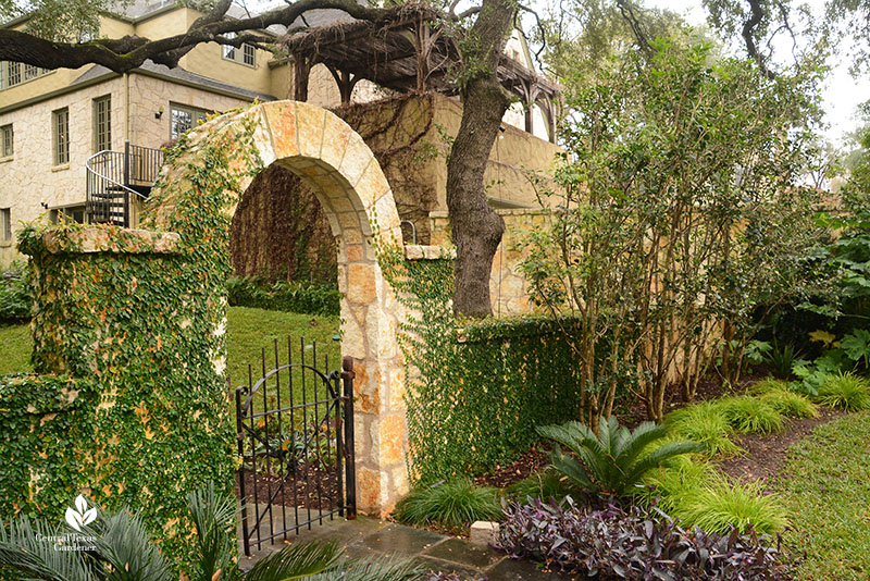 stone arch with gate bordered with plants