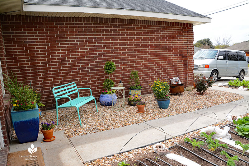 plant container turquoise bench front door patio 