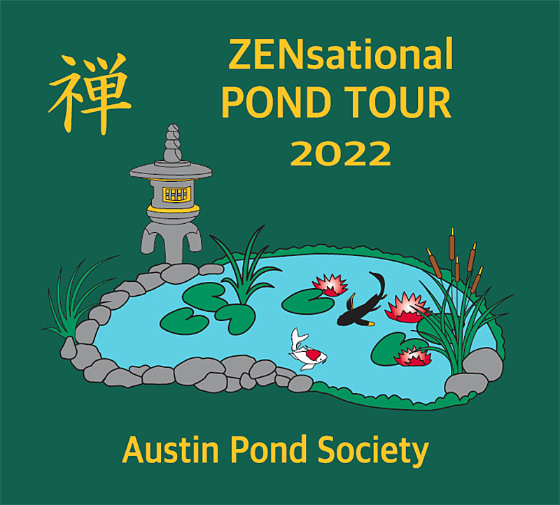 graphic lantern pool Japanese characters text: Zensational Pond tour 2022 Austin Pond Society