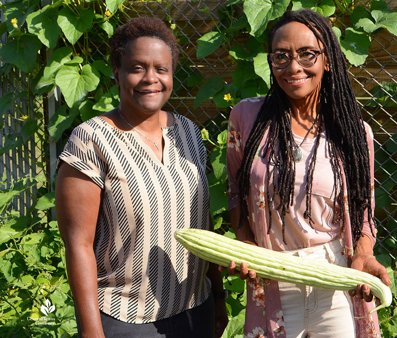 two women with cucumber from garden