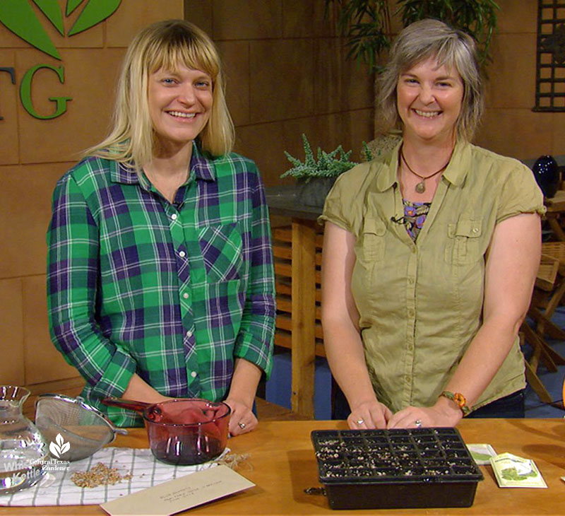 two women in studio with seeds on table