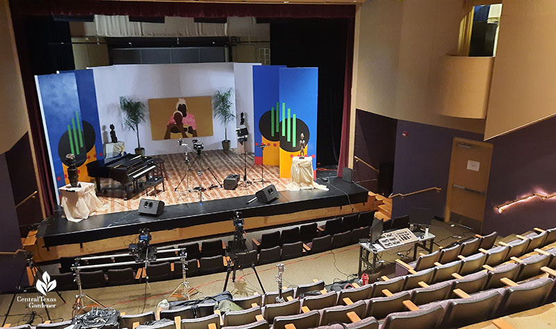 theater with colorful set pieces on stage