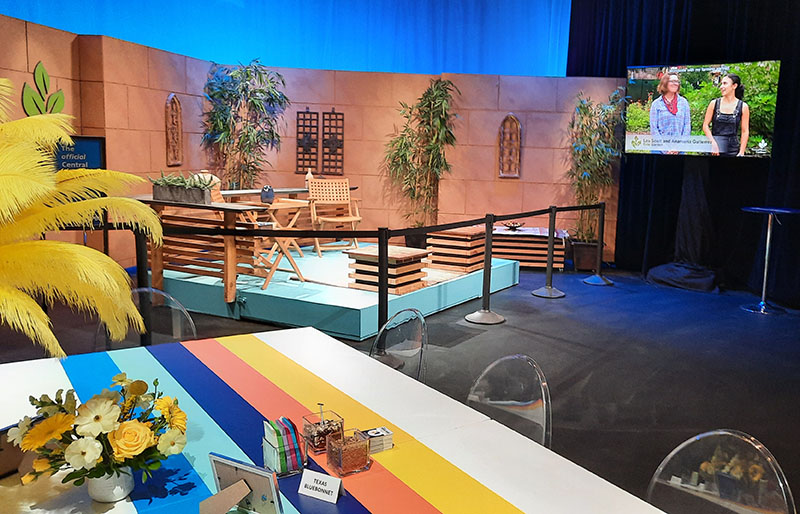 table with flowers in studio with CTG set beyond and TV monitor on wall 