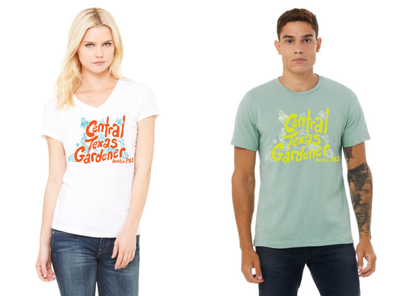 woman wearing white T-shirt orange letters Central Texas Gardener and teal flower designs; man wearing sage green T-shirt with yellow letters and white flower designs