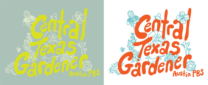 two T-shirt designs; one sage green, yellow letters, white flower designs and the other white with orange letters and teal flower designs