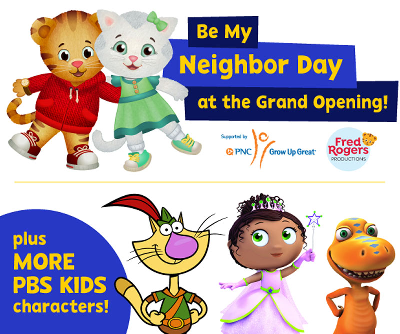 PBS Kids Characters on white background with words Be My Neighbor Day at the Grand Opening and plus More PBS Kids Characters