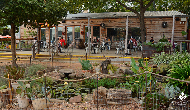 small pond near wood deck with tables and people