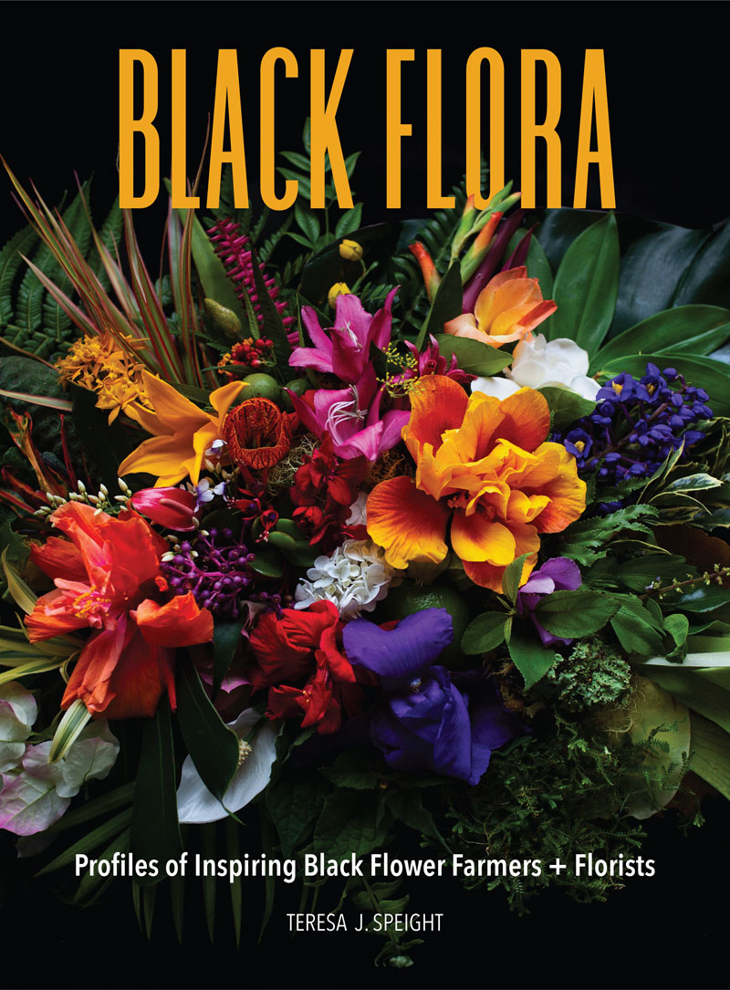book cover with vivid flowers on black background and deep gold text Black Flora 