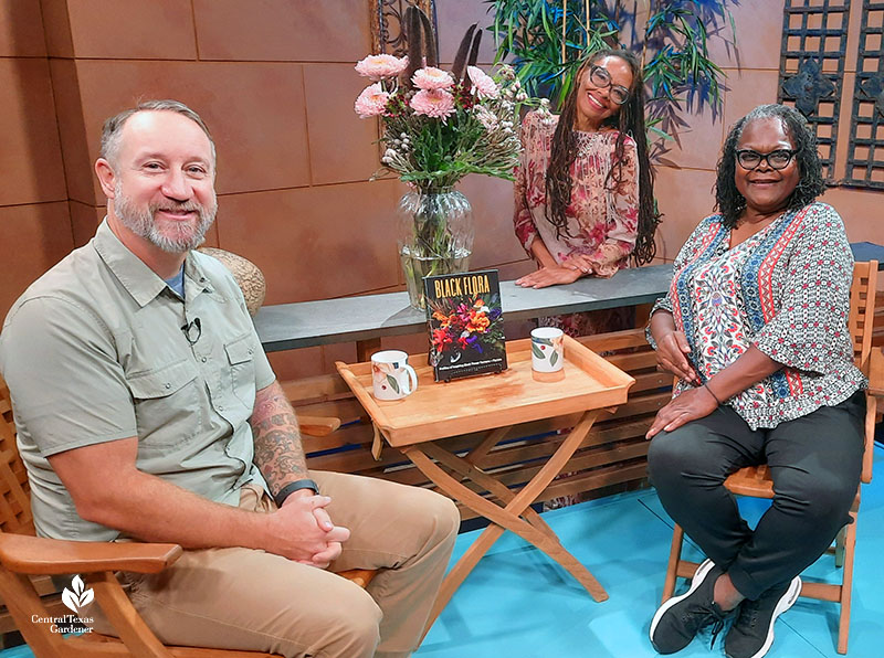 man and two women on a TV studio set; vase of flowers between them