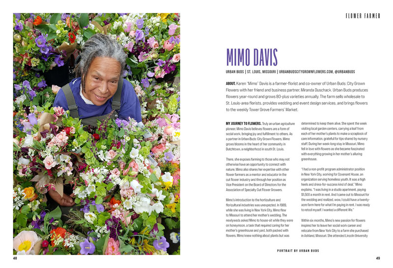 book pages with photo of woman with flowers and text on the other page: Mimo Davis