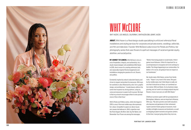 book pages showing woman holding flowers and other side text:: Whit McClure