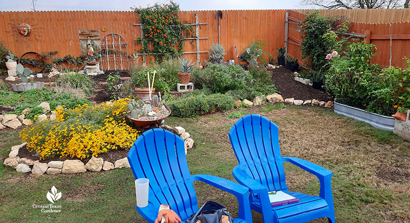 blue Adirondack chairs in backyard in front of layered garden 