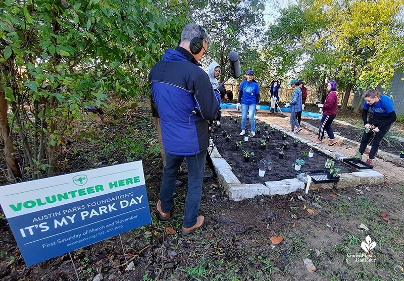 It's My Park Day with audio engineer and students planting raised bed