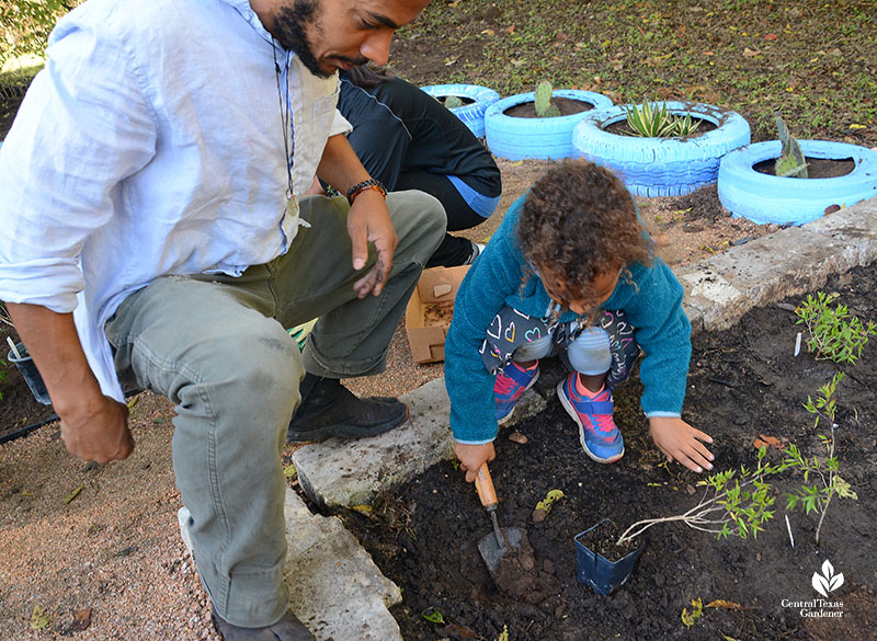 dad and little daughter planting in raised bed